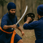 A photograph captures two Sikh martial artists tra