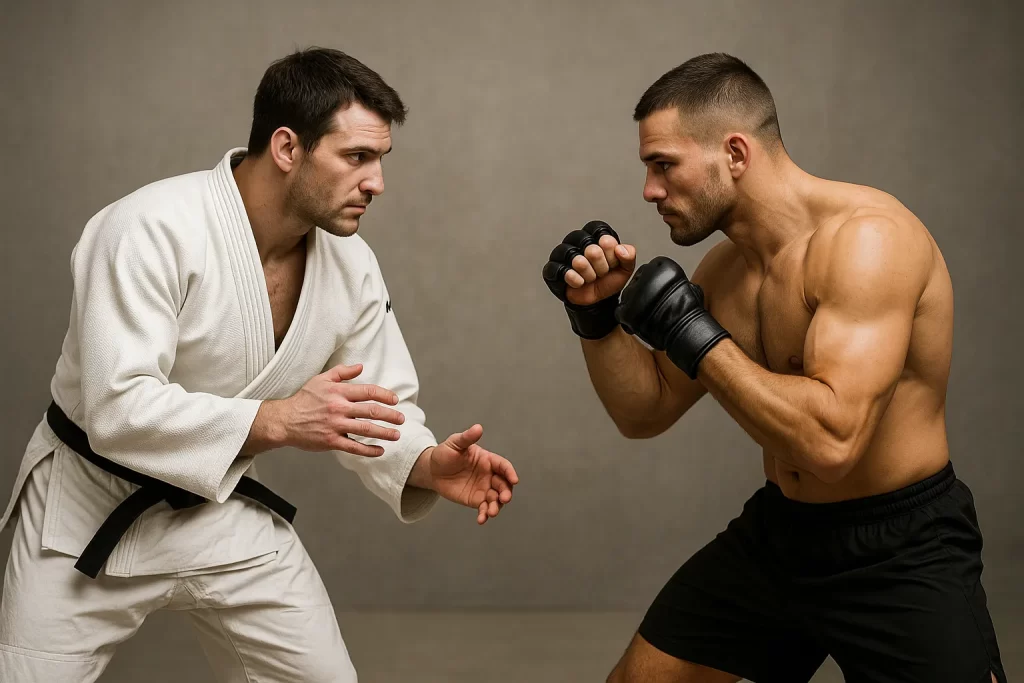 A photograph captures two martial artists facing e