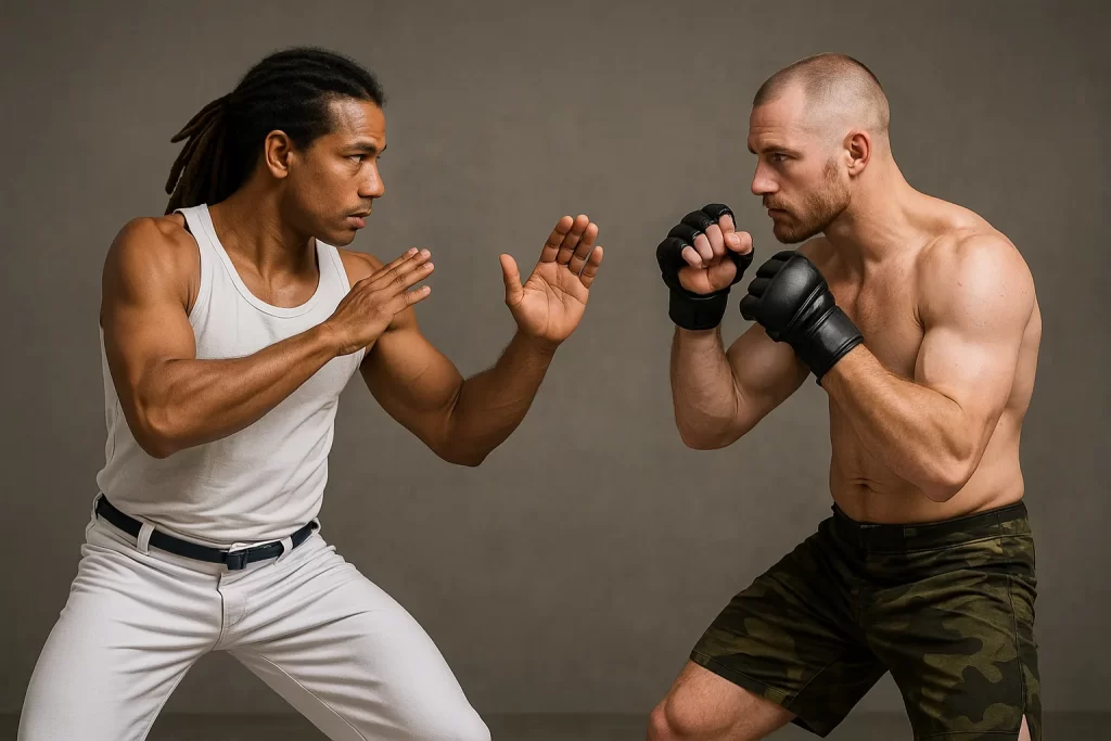 A photograph captures two martial artists facing e