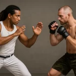 A photograph captures two martial artists facing e