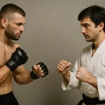A photograph captures two martial artists facing e