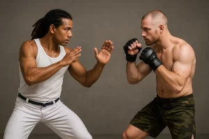 A photograph captures two martial artists facing e