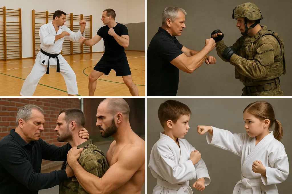 A photographic collage displays martial arts pract